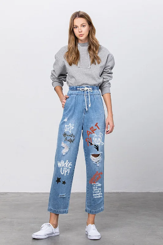 Elastic Banded Slouch Jeans With Print