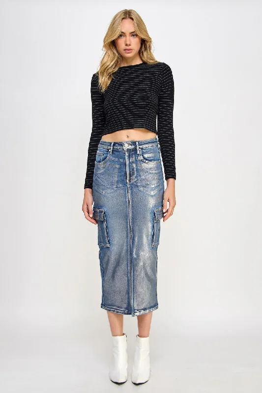 METALLIC CARGO DENIM SKIRT