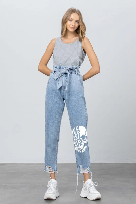 One of Kind Paper Bag Slouch Jeans With Print