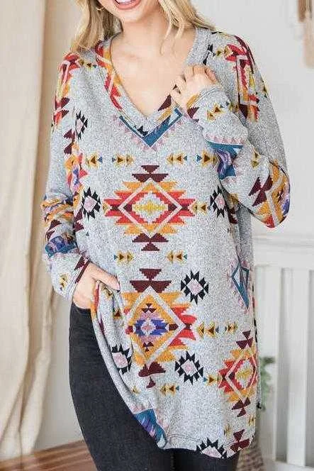 Aztec Print Women’s Grey Tunic Top