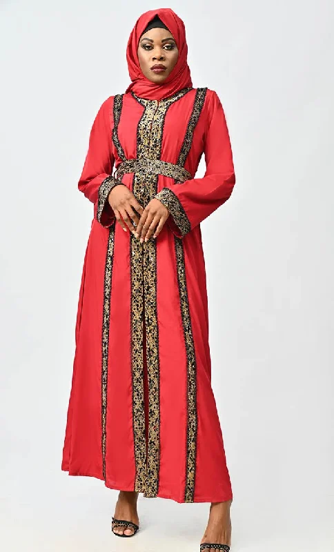 Arabic Women Moroccan Style Abaya With Hand Embroidery And Lace Detailing