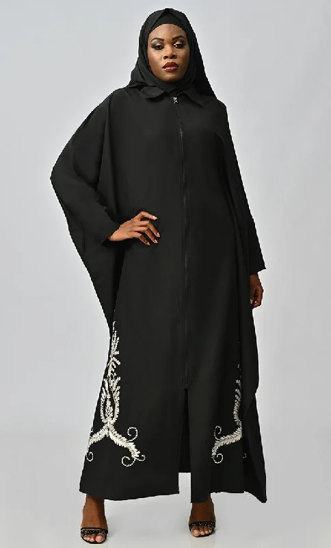 Islamic White Embroidery Detailing Kaftan Abaya With Front Zipper