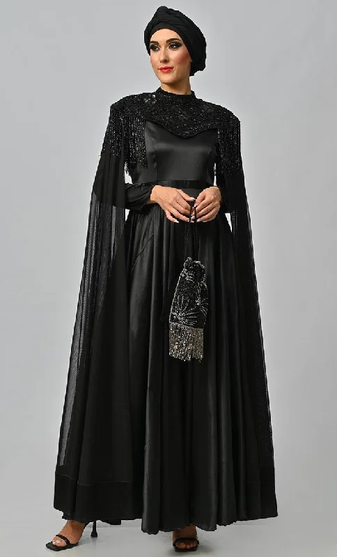 Arabian Queen Hand Embroidered Collar Satin Abaya With Intricate Tassel Details