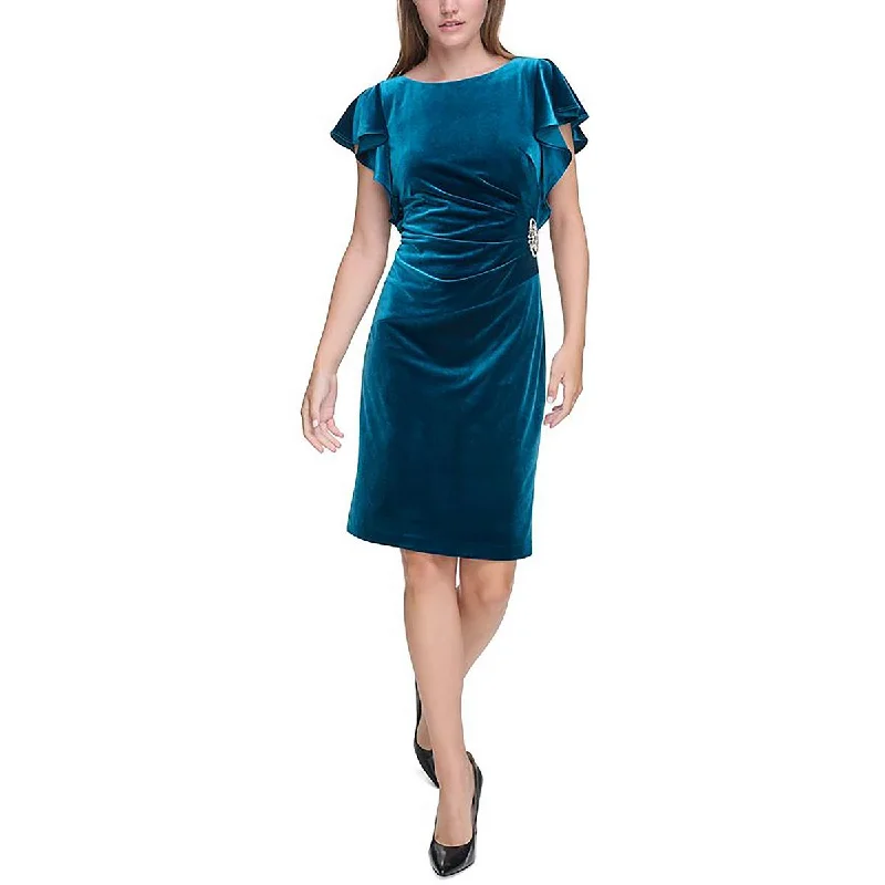 Jessica Howard Womens Petites Velvet Ruffle Sleeve Cocktail And Party Dress