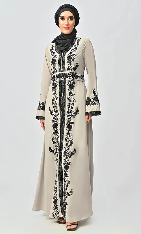 Mexico Style Beautiful Sequins And Zari Work Detailing Abaya With Hijab Belt And Pockets