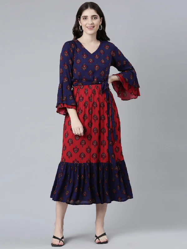 Neeru's Maroon Straight Casual Printed Dress