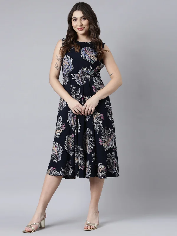 Neerus Navy Blue Straight Casual Floral Maxi Dresses