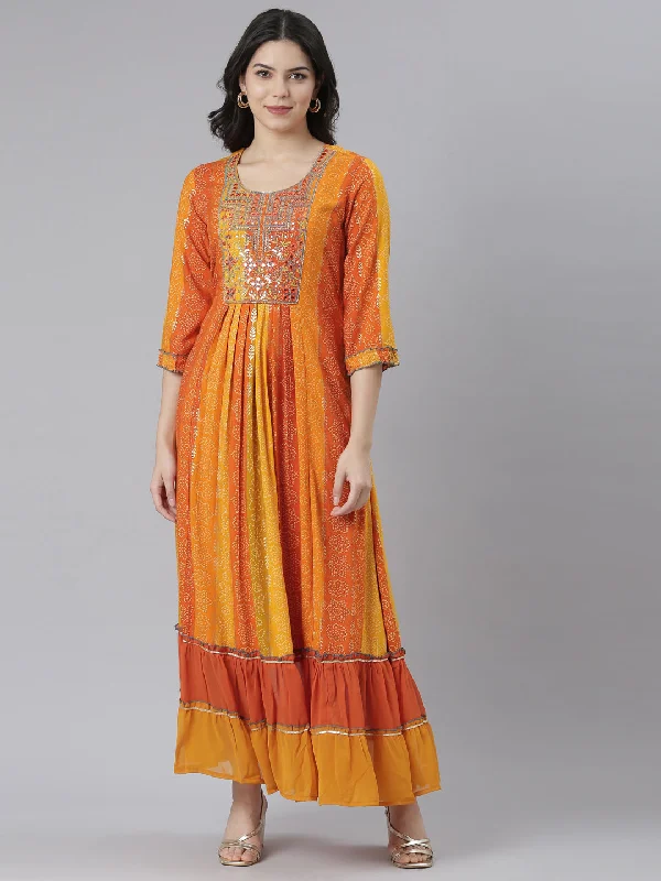 Neeru's Orange Straight Casual Floral Dresses