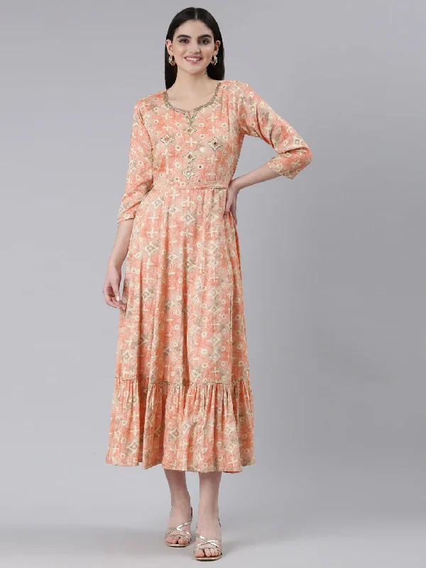 Neeru's Orange Straight Casual Printed Dress