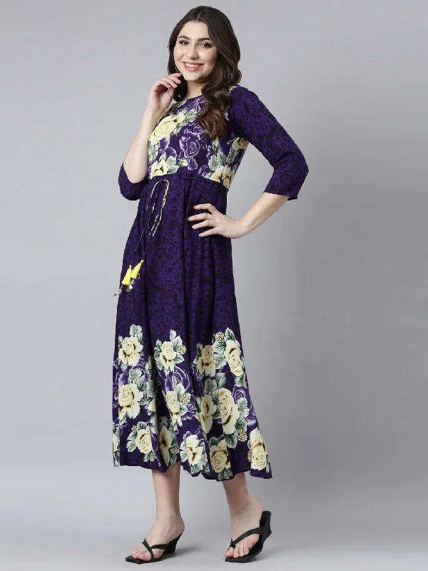 Neerus Purple Straight Casual Floral Maxi Dresses