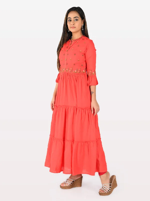 Neeru's Red Embroidered Flared Kurta