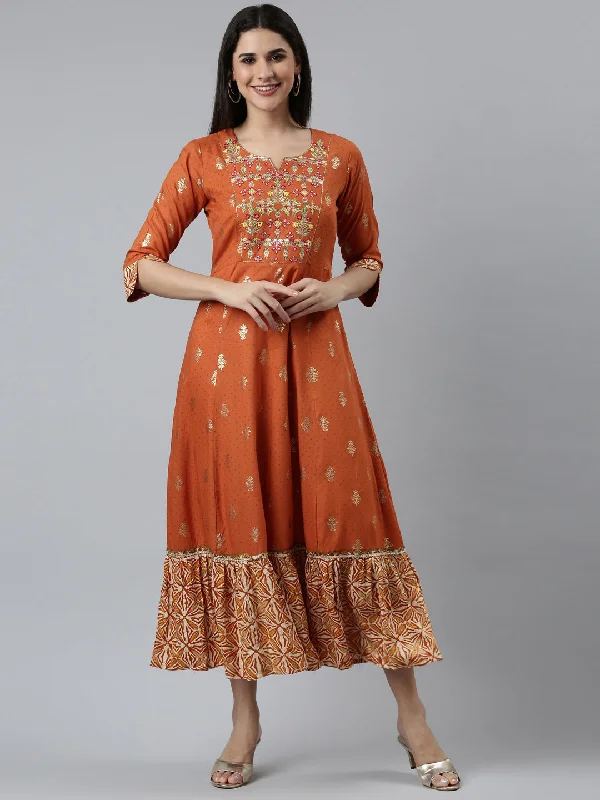 Neeru's Rust Straight Casual Embroidered Dress