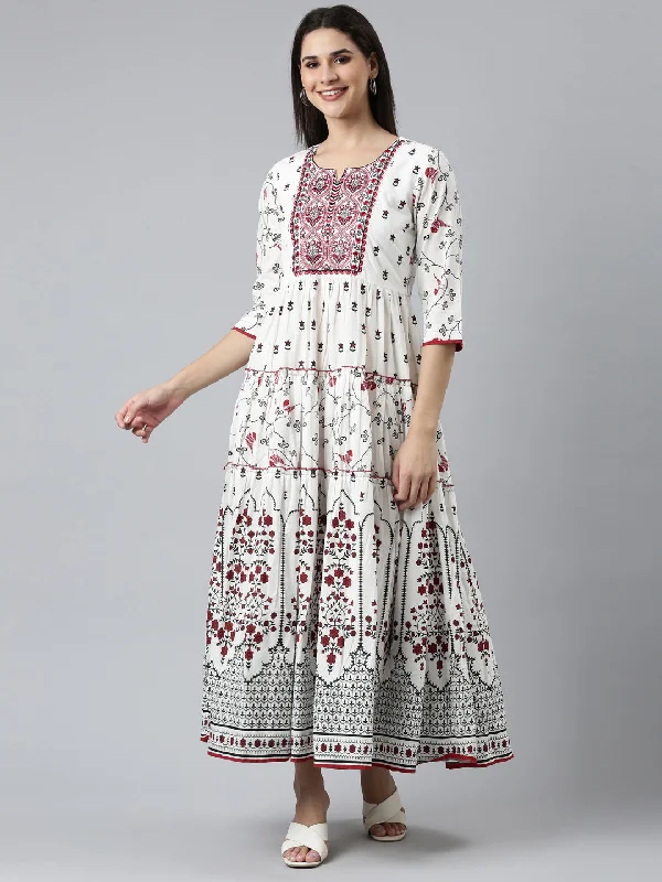 Neeru's White Straight Casual Printed Dress