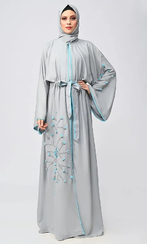 Grey Flower Braided Detailing Islamic Abaya With Matching Inner And Belt