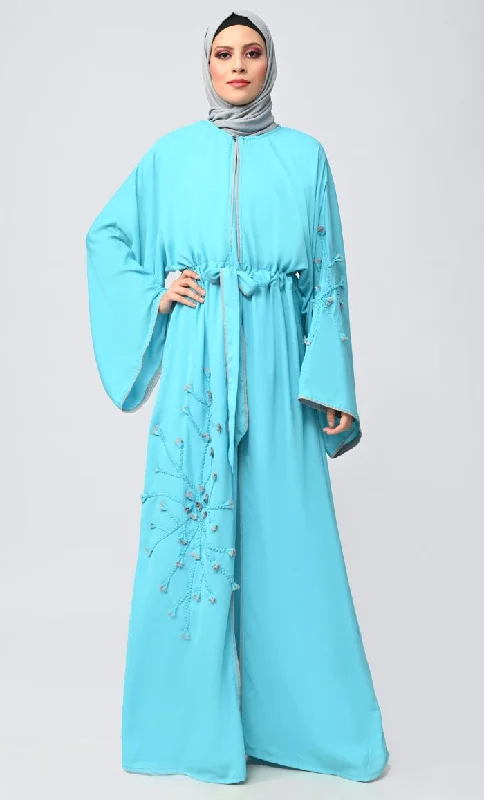 New Turquoise Flower Braided Detailing Islamic Abaya With Matching Inner And Belt