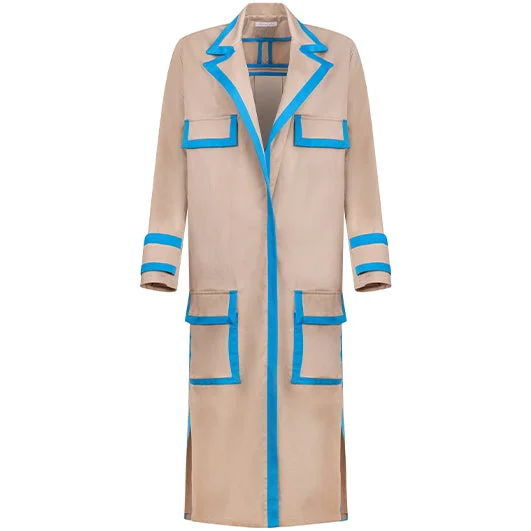 REVERS MAXI COAT “IRA” IN LIGHT BEIGE COTTON WITH LIGHT BLUE DETAILS