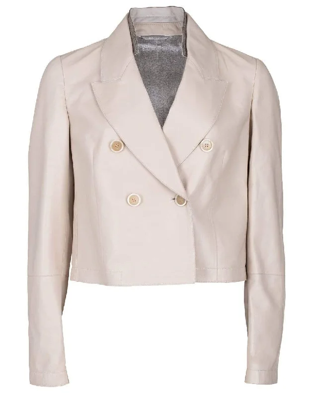 Natural Cropped Double Breasted Monili Collar Leather Blazer