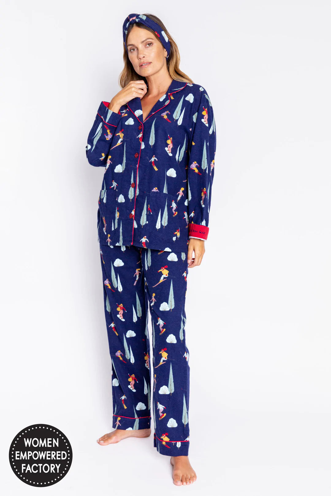 Flannel Long PJ Set w/ Headband in Navy