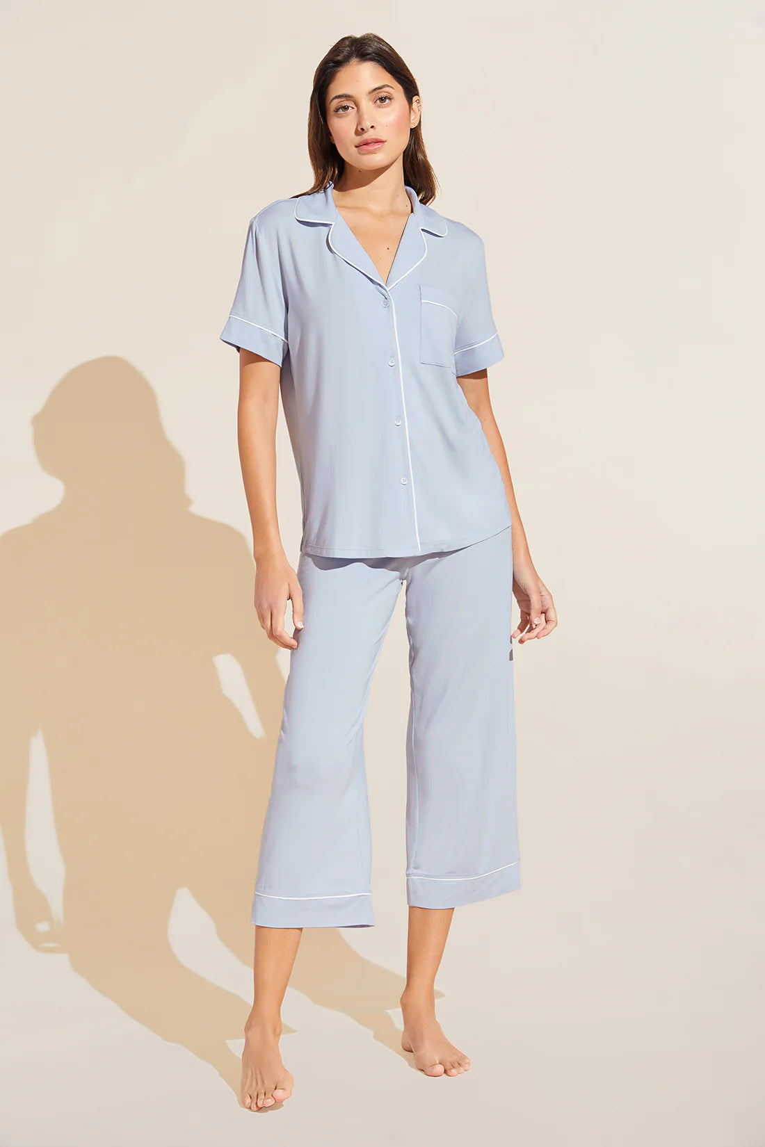 GISELE Short Sleeve & Crop PJ Set in Ice Blue/Ivory