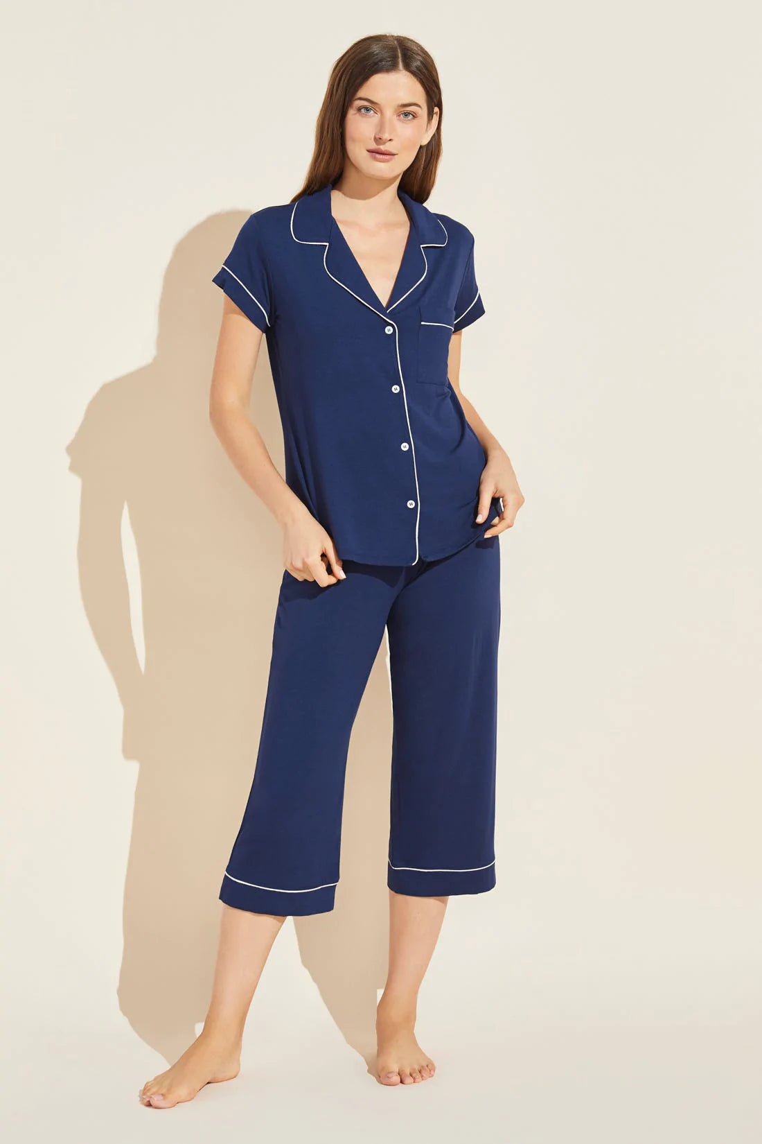 GISELE Short Sleeve & Crop PJ Set in Navy/Ivory