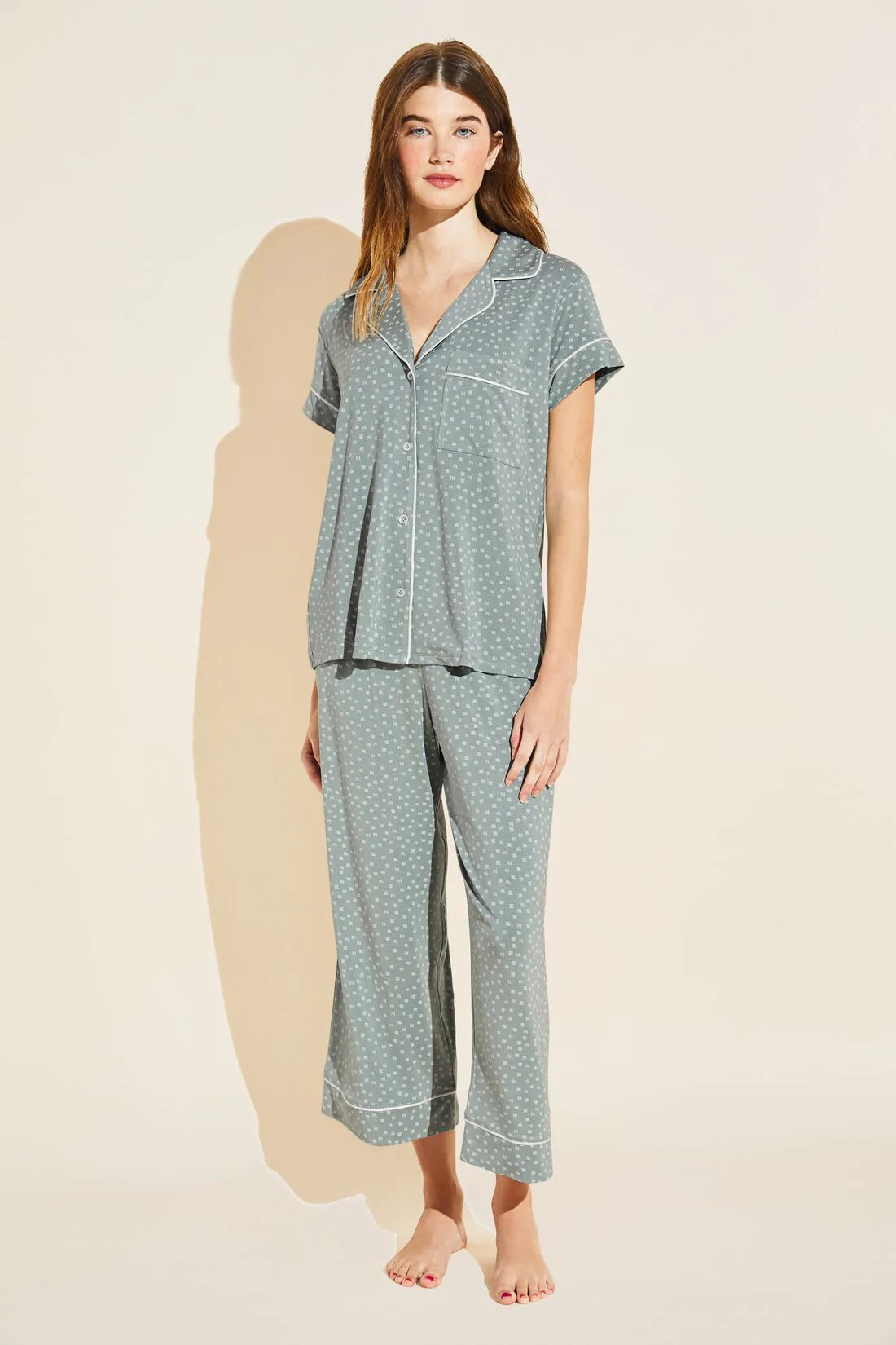 GISELE Short Sleeve & Cropped PJ Set in Artisan Trace Green/Ivory