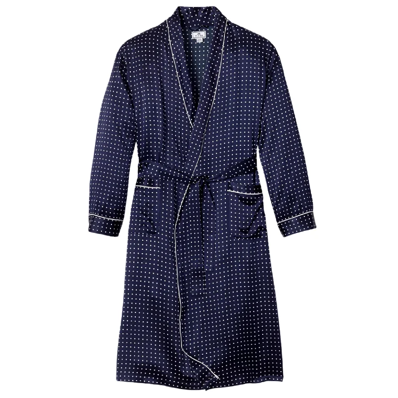 Men's Silk Long Robe in Navy Polka Dot