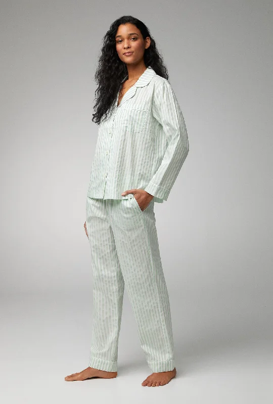 Mint 3D Stripe Long Sleeve Classic Woven Cotton Sateen PJ Set