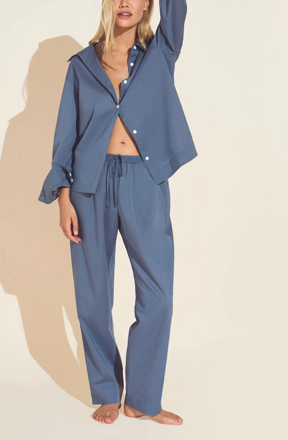 Organic Sandwashed Cotton Long PJ Set in Coastal Blue