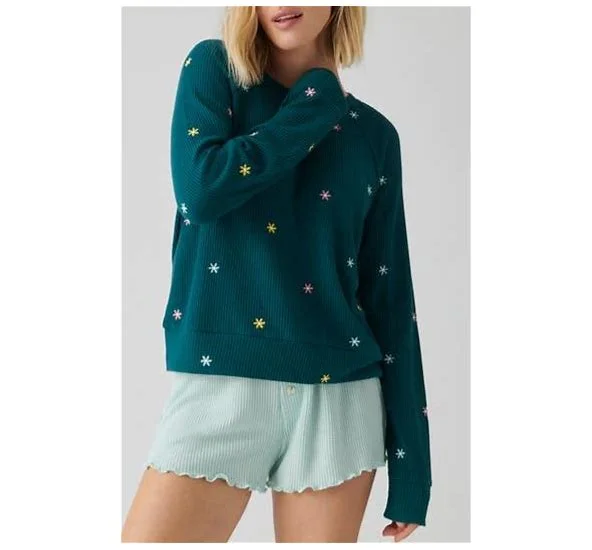 Take It Easy Waffle Knit Embroidered Long Sleeve Pajama Top - Teal