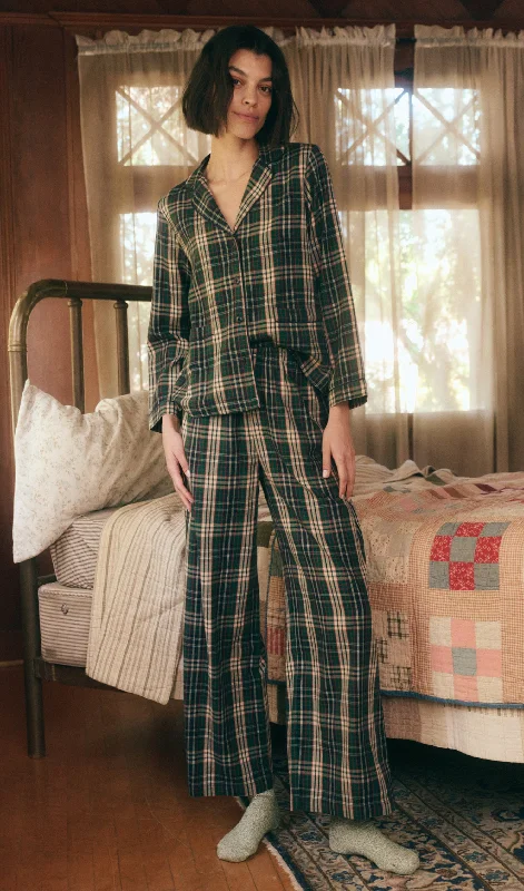 Flannel Shrunken Top & Long Pant PJ Set in Pine Needle Plaid